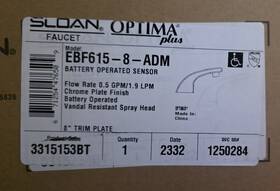 Ebf615-8-adm Sloan Battery Operated Sensor 3315153bt Vandal Resistant .5gpm New
