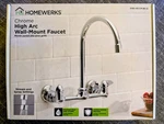 New Homewerks Chrome High Arc Wall-mount 2-HANDLE Gooseneck Spout Faucet. Fixed Price $64.99.
