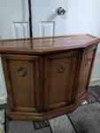 1970S American Pecan Rattan Console Cabinet With Shelf, 2 Doors. Fixed Price $400.00.