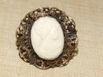 Vtg Antique Ruffled Filigree Brass & Glass Cameo Ring 1.5" Wide Sz 8 Adjustable. Fixed Price $40.00.