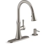 Kohler Kaori Vibrant Stainless Finish Pull-down Kitchen Faucet W/ Soap Dispenser. Fixed Price $120.00.